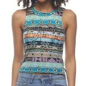 Sleeveless Mock Neck Geometric Print Top